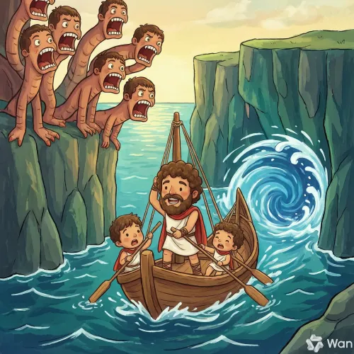 El barco de Ulises navegando entre Escila el monstruo de seis cabezas y el remolino de Caribdis