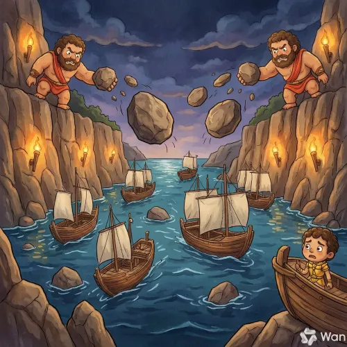 Gigantes enormes lanzando rocas desde acantilados sobre los barcos de Ulises en un puerto