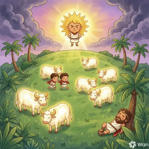 Vacas blancas con cuernos dorados en una isla sagrada bajo la mirada enojada del dios Sol