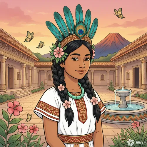La princesa Iztaccíhuatl, de mirada dulce, en un palacio antiguo