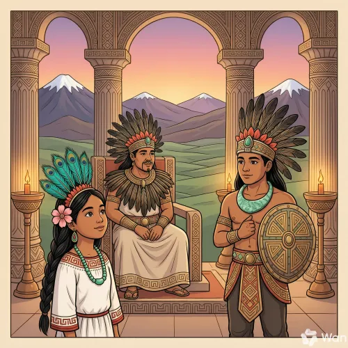 El emperador hablando con el guerrero Popocatépetl y haciéndole una promesa