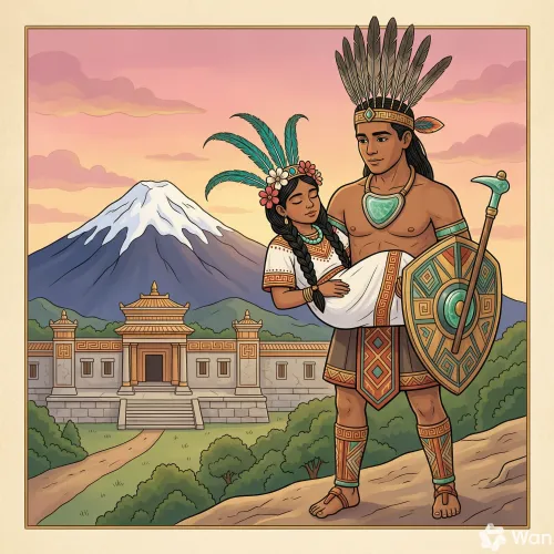 Popocatépetl cargando en sus brazos a la princesa dormida hacia las montañas