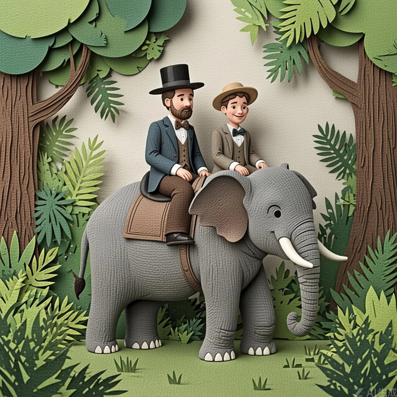 El señor Fogg, Passepartout y un guía cruzan la selva de la India montados en un elefante