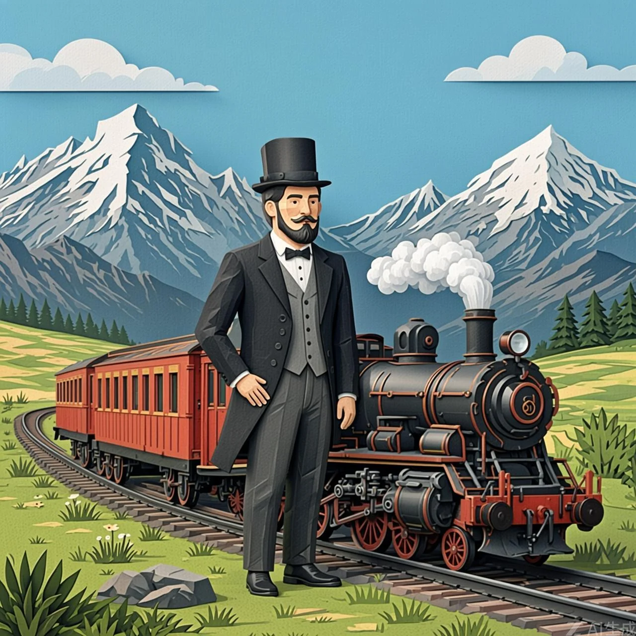 Un gran tren de vapor cruza las praderas y montañas nevadas de América